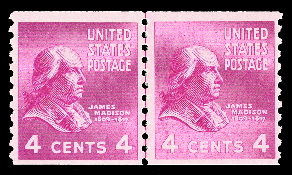 Scott 843 1939 4c Madison Presidential Coil Mint Line Pair F-VF NH Cat $27.50 - Image 1 of 1