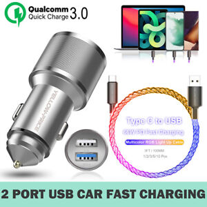 3FT Light Up USB C to USB-A 2.0 Fast Charging Cable with Dual USB Car Charger