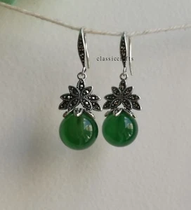 Genuine natural green Chalcedony 12mm in 925 sterling silver dangle earrings  - Picture 1 of 6