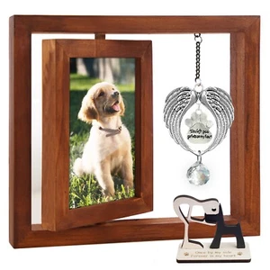4x6 Pet Photo Walnut Wooden Rotating Picture Frame Dog Cat Memorial Ornament - Picture 1 of 8