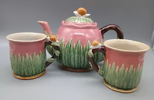 Noveau Majolica Snail Teapot And Mugs Set Pink Ferns Figural Fairycore... - Picture 1 of 13