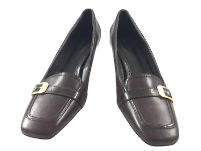 Naturalizer Women's 7 M Brown Leather Square Toe Buckle Slip On Low Pumps Heels - Image 1 of 4