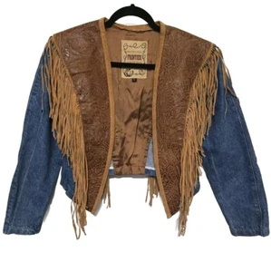 Chaqueta vaquera/motera vintage de cuero en relieve y flecos para dama - Imagen 1 de 4