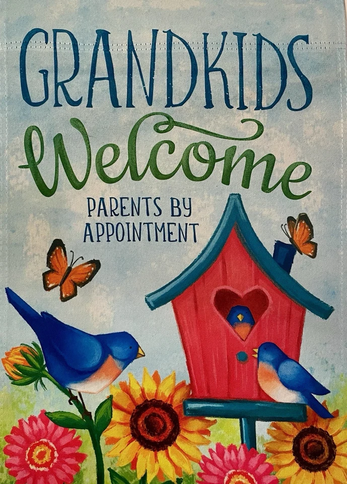 ВНУКИ ДОБРО ПОЖАЛОВАТЬ РОДИТЕЛИ ОТ APPT. ПТИЦА ЦВЕТОК БАБОЧКА МИНИ САД ДВОР ФЛАГ N - Изображение 1 из 1