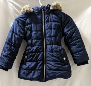 Tommy Hilfiger Girls Puffer Jacket W/Faux Fur Hood Big Logo Navy Blue Sz XS 5/6 - Picture 1 of 3