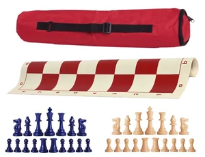 Red Archer Single Weight Chess Set - Board Bag w/ Navy & Natural Pieces - Picture 1 of 5