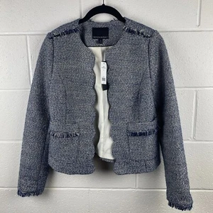 Banana Republic Jacket Women 0 Tweed Fringe Blue Scallop Metallic Lined Cropped - Picture 1 of 12