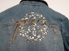Jack B Quick Holiday Sequined PEACE Jean Jacket Rhinestone Buttons Sz Large