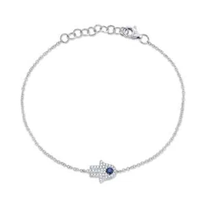 Brazalete Diamante Zafiro Hamsa Mal de Ojo Oro Blanco 14K Natural 0.17 TCW Redondo - Imagen 1 de 2