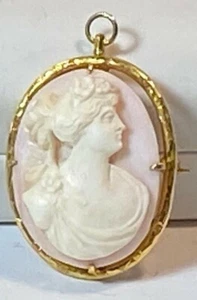 Pink & White Shell Cameo 10k Yellow Gold Frame VTG Exquisite High Relief Carving - Picture 1 of 8