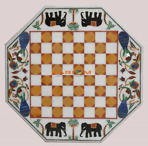 24" White Marble Designer Chess Table Set Multi Stone Mosaic Elephant Decor Game