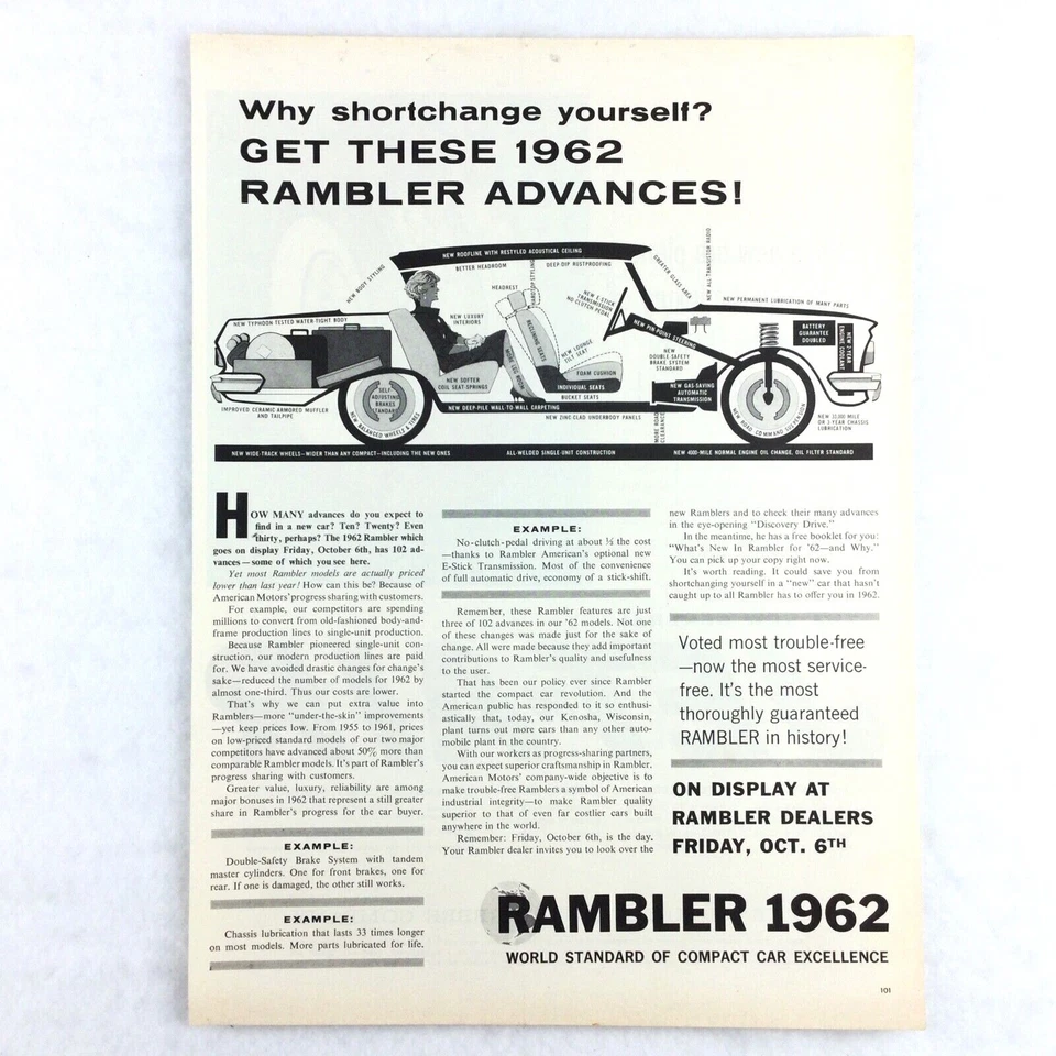 Anuncio impreso vintage Rambler 1961 - Diagrama de automóvil de American Motors '62 Foto 1 de 1
