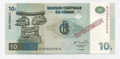 Congo Dem. Rep. 10 Francs 1-11-1997 Pick 87.s UNC Specimen Banknote NBBPW - Image 1 of 3