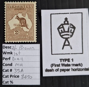 1913 Australia 2/- Brown Kangaroo Stamp 1st WMK Mint Cat $650.00. - Picture 1 of 3