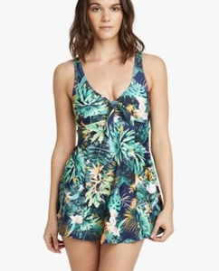 New 1pc Women’s Sz L Swimsuit Tummy Controlled Skirted Swimdress Tropical/Navy - Picture 1 of 4