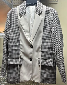 Shein Creme & Schwarz Hahnentritt Blazer mit Kordelzug Damen Gr. Large Neu - Bild 1 von 8