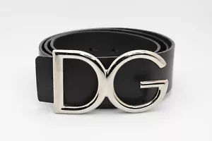 Dolce & Gabbana Men's Black Leather DG Silver Logo Buckle Belt Size 95/38 - Picture 1 of 12
