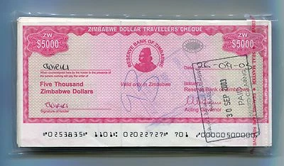 Zimbabwe Dollar Travelers Check $5 000 Check 2003 P16 Rare x 100 Pieces B - Image 1 of 3