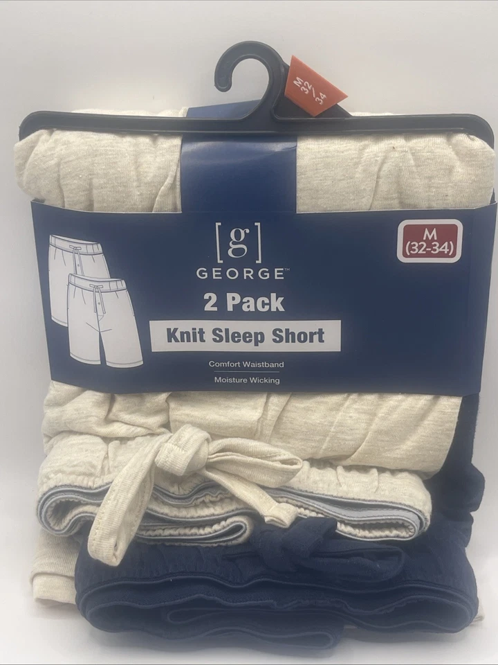 George Mens MEDIUM Knit Jam Sleep Shorts 2 PACK Beige Navy Lounge Pockets #5425