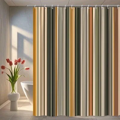 Earthy Striped Shower Curtain Green Beige Brown Modern Bathroom Decor - Image 1 of 4