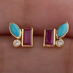 Natural Ruby-Diamond-Turquoise Cluster Earrings - Solid 18K Yellow Gold Earrings - Picture 1 of 10