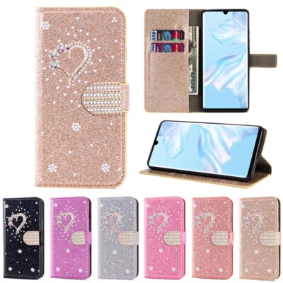 Glitter Wallet Case Card Diamond Heart Flip Cover for Samsung Galaxy A14/A34/A54 - Image 1 of 4