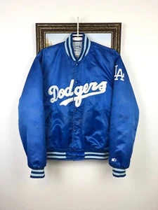 Vintage 90's Starter MLB Los Angeles Dodgers Blue Satin Jacket Bomber Size L - Picture 1 of 23