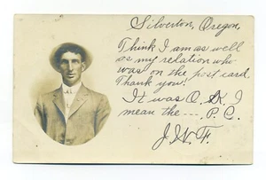 Silverton Oregon, expresión facial ridícula, hombre en sombrero 1907 RPPC postal - Imagen 1 de 2