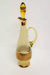 "Decantador de cristal bohemio vintage con tapón amarillo esmerilado con adorno dorado 16" - Imagen 1 de 12