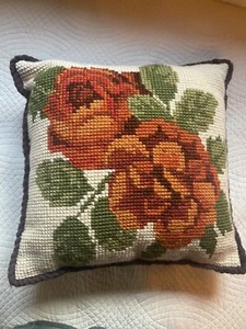 VTG 70’s Grannycore Cross Stitch Orange Green Floral Cottage Core Pillow - Picture 1 of 20