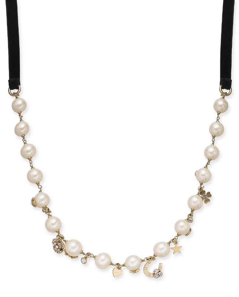 Kate Spade Grandma's Coset Crystal Faux Pearl 51" Velvet Charm Necklace KSS