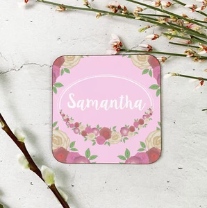 Personalised Pink Floral Wooden Drinks Coaster Mat Mother's Day Gift - Picture 1 of 8