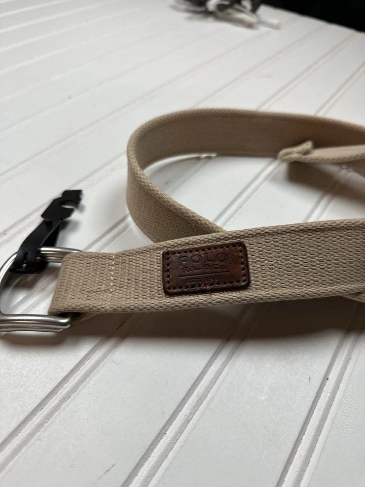 Cinturón Polo Ralph Lauren Beige Tostado Tela Algodón 40" Largo Total Cuero Pestaña Foto 1 de 4
