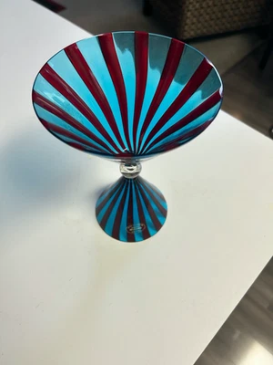 DE COLECCIÓN GRANDE Murano Italia 7 5/8" A RAYAS PATAS MARTINI CRISTAL/PLATO DE DULCES COMO NUEVO Foto 1 de 4