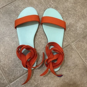 Rothys The Wrap Sandals Womens 10 Picnic Orange Ankle Tie Roman Lace Shoes Flats - Picture 1 of 9