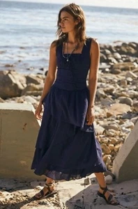 Free People In My Dreams Midi Dress Tiered Layer Navy Blue Cotton Size M NWT - Picture 1 of 17