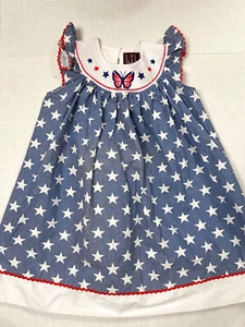 Lil Cactus girls Smocked Dress red/white/blue butterfly/stars 4T - Picture 1 of 6