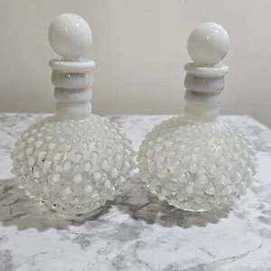 Set of 2 VTG Hobnail Glass Bottle Opalescent Clear White Glass Perfume Decanter - Picture 1 of 5