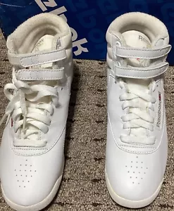 90s Reebok Classic Freestyle Hi Top Women Sz 6.5 White Double Strap Shoe Sneaker - Picture 1 of 14