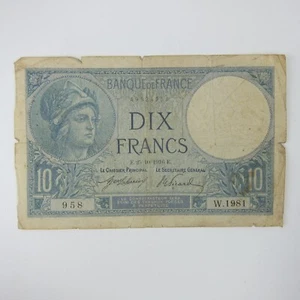 France Banknote 10 Francs Minerva Paper Money Currency Antique 1916 RARE DATE - Picture 1 of 12