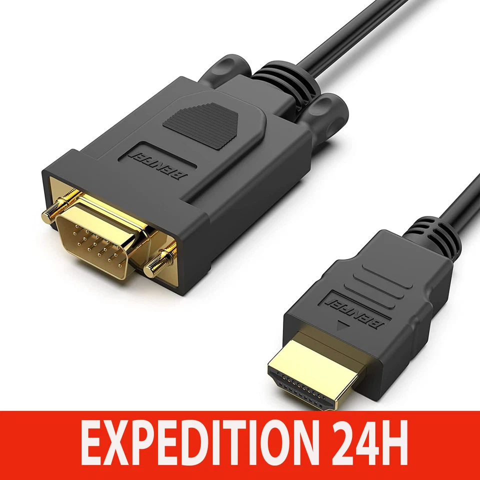 Câble HDMI vers VGA, 1,8 M plaqué Or HDMI vers VGA (mâle à mâle), Noir