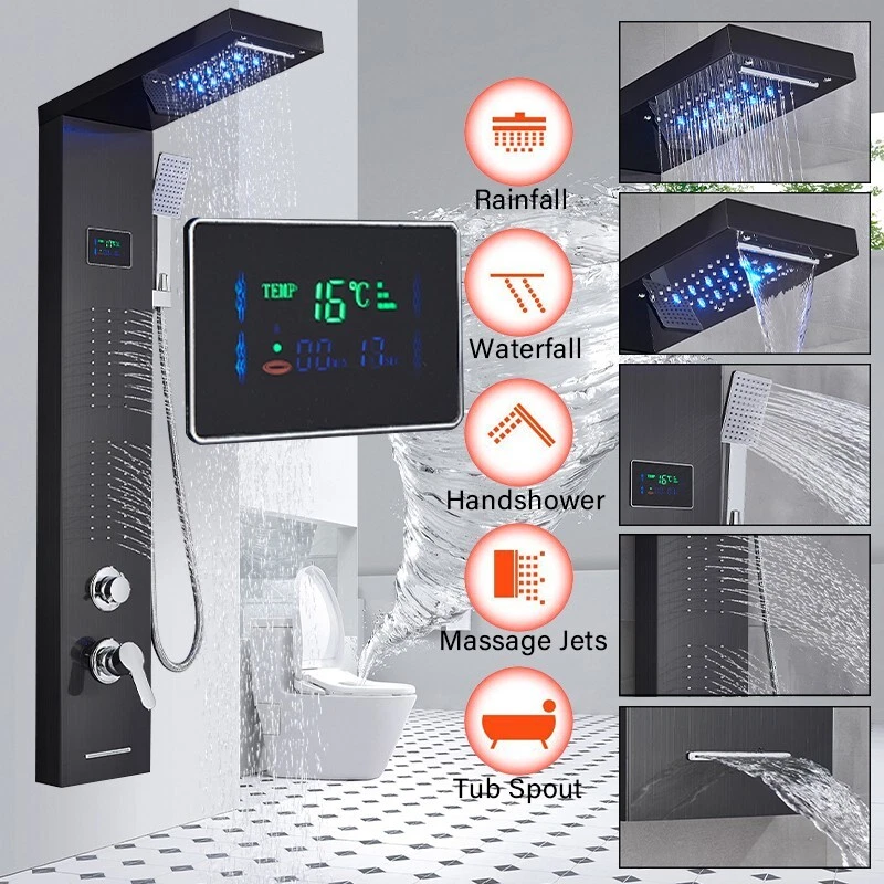 Duschpaneel Edelstahl Duschsystem LED Regendusche Massage Duscharmatur schwarz