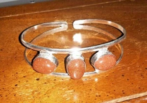 Sunstone 3 gemstone 925 STERLING SILVER BRACELET slim CUFF Bangle 7-8" - Picture 1 of 6