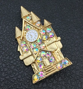Fashion AB Crystal Golden Bell Clock Castle Brooch Pin - Picture 1 of 3