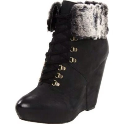 Boutique 9 Shoes Daphnea Boots Platform Wedge Faux Fur Black Leather sz 8.5 - Image 1 of 4