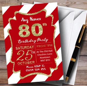Red White Diagonal Stripes Gold 80th Personalised Birthday Party Invitations - Picture 1 of 1