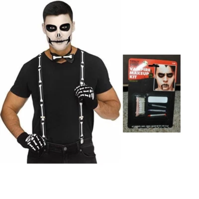 Kit esqueleto 14+ gravata borboleta, suspensórios, luvas, maquiagem 5 peças acessório de Halloween - Imagem 1 de 4
