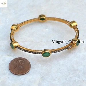 Pave Diamond Bangle Multi Gemstone 14k Yellow Gold 925 Silver Polki Jewellery - Foto 1 di 9