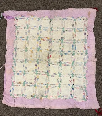 Wedding Ring Pattern Antique Tattered Torn Stained Patchwork Quilt 45” x 40” - Image 1 of 4