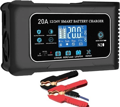 HTRC 20-Amp Car Battery Charger for LiFePO4 & Lead-Acid,12V/24V Maintainer LCD Screen